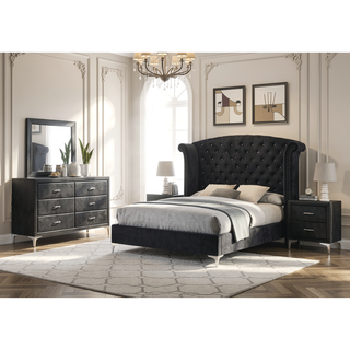 Sunvega Glam Style Black Finish Two Drawers Nailhead Tufted Nightstand with Tempered Glass
