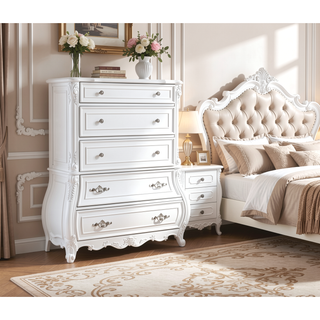 Sunvega Modern Style 5-Drawer Chest with Ornate Carvings in Pearl White