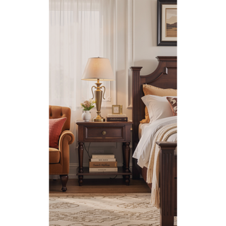 Sunvega Cappuccino Wood Veneer Night Stand with Silver Hardware for Bedroom