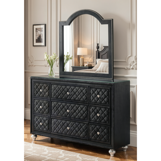 Sunvega Glam Style Black Dresser with Tufted Drawer Fronts and Faux Crystal Knobs