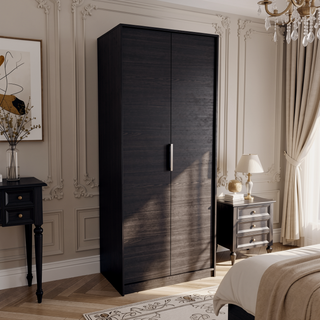 Sunvega Modern Double Door Wardrobe with Hanging Rod and Shelves Black