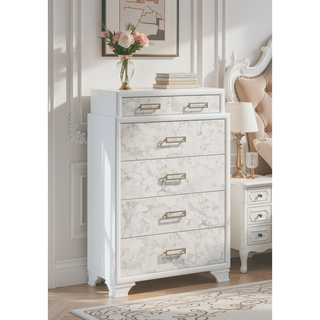 Sunvega Modern White Chest with Marble Accent Drawers and Silver Handles for Bedroom