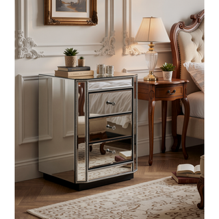 Sunvega Mirrored Nightstand with 3 Drawers Silver Beaded Trim and Glass Knobs