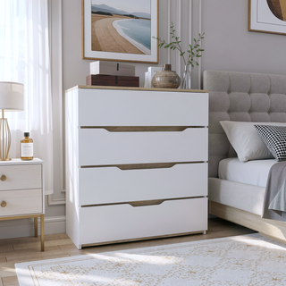 Sunvega White and Light Oak Four Drawer Dresser with Spacious Storage