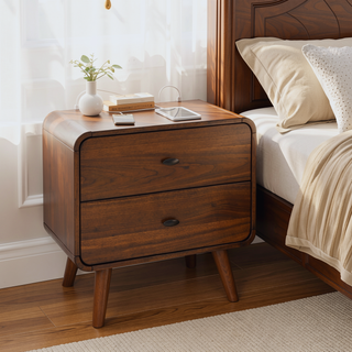 Sunvega Mid-Century Modern Dark Walnightstand with Rounded Edges and Tapered Legs