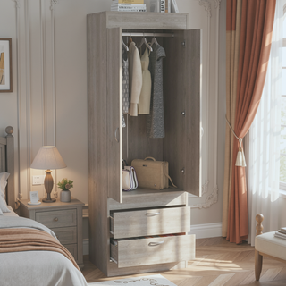 Sunvega Light Gray 2-Door Armoire with Spacious Drawers and Integrated Hanging Rod