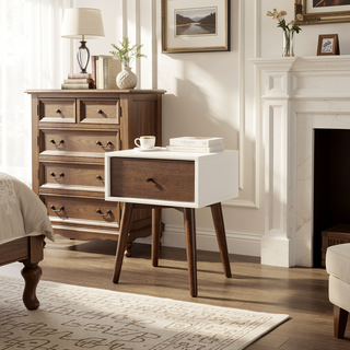 Sunvega Mid-Century Modern Dark Brown Walnut Nightstand with 1 Drawer for Bedroom