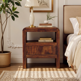 Sunvega Solid Oak Bedside Table with Curved Edge and Single Drawer Shelf