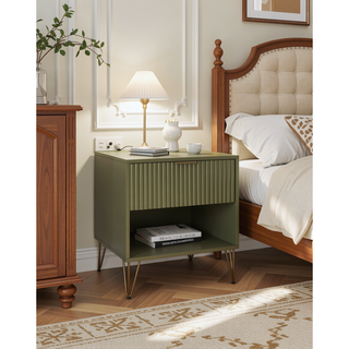 Sunvega Modern Glam Nightstand with Gold Metal Legs and Textured Drawer