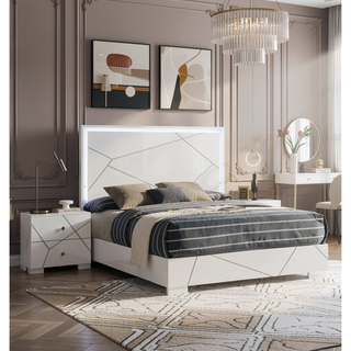Sunvega Contemporary Nightstand with Geometric Accents and High-Gloss White Finish