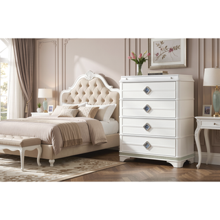 Sunvega Modern White Wood Chest with Crystal Accents and Hidden Jewelry Drawer