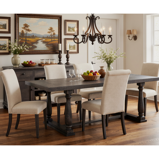 Sunvega Weathered Gray Oak Finish Dining Table with Sturdy Trestle Base and Turned Posts