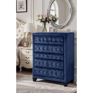 Sunvega Sophia Cream Velvet Upholstered Crystal Tufted 5-Drawer Chest for Bedroom