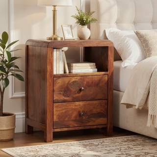 Sunvega Solid Mango Wood Nightstand with Two Drawers and Open Shelf