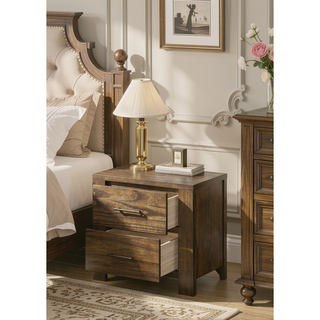 Sunvega Elegant Oak Nightstand with Two Spacious Drawers and Antique Brass Handles
