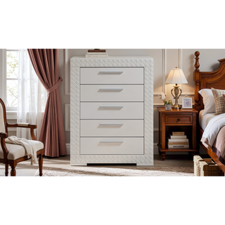 Sunvega White Quilted Texture Modern Five Drawer Chest with Red Lined Interiors