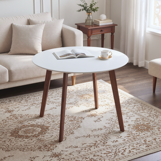 Sunvega Minimalist Mid Century Modern White Top Dining Table with Solid Wood Legs