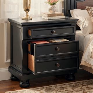 Sunvega Black Finish Wood Nightstand with 2 Dovetail Drawers and Jewelry Tray