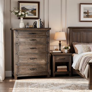 Sunvega Transitional Brown Oak Veneer Panel Headboard 5-Drawer Chest with Ball Bearing Glides