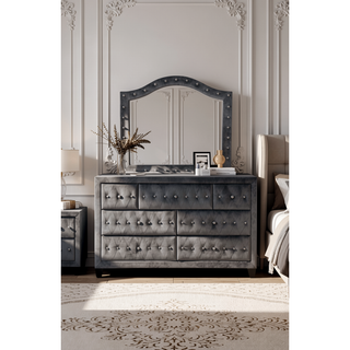 Sunvega Cream Velvet Upholstered Crystal Tufted 7-Drawer Dresser with Wood Frame