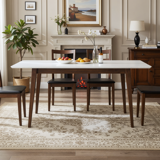 Sunvega Mid-Century Modern Solid Wood Rectangular Dining Table with Brown Stain Finish