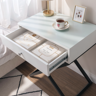 Sunvega Koda White Wooden End Table with Glass Top and Drawer