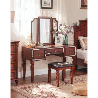 Sunvega Traditional Black Rubber Wood Vanity Set with Tri-Fold Mirror and Tufted Stool