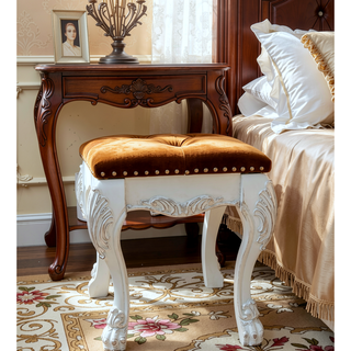 Sunvega Champagne and Bone White Tufted Vanity Stool with Cabriole Legs