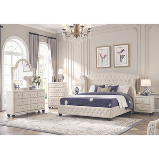 Sunvega Sophia Cream Velvet Upholstered Crystal Tufted 5-Drawer Chest for Bedroom