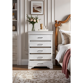 Sunvega Modern White Wood Chest with 5 Drawers and Slat System