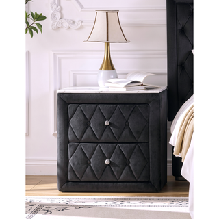 Sunvega Oval Faux Marble Top Nightstand with Two Drawers and Button Tufted Black Fabric