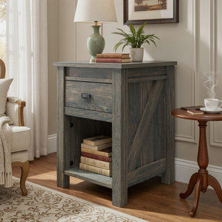 Sunvega Rustic Farmington Nightstand with Drawer and Open Cubby for Bedroom