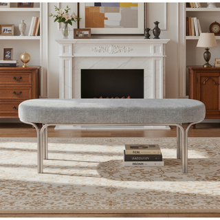 Sunvega Beige Tufted Upholstered Bench with Plush Cushioned Seat and Champagne Metal Legs