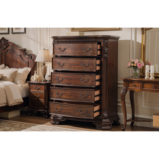 Sunvega Traditional Style Walnut Wood Chest With Five Spacious Drawers For Bedroom