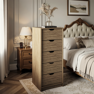 Sunvega White 5 Drawer Tall Dresser with Pull Out System Compact Size