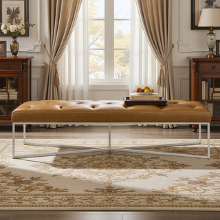 Sunvega Harper Tan Leather Bench with Padded Seat and Teak Wood Frame