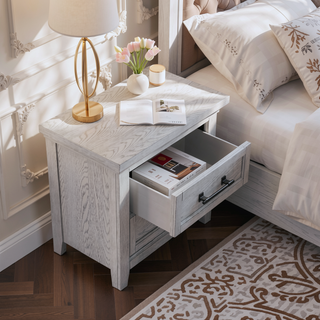 Sunvega Light Gray Finish Transitional Nightstand with Two Drawers and Metal Pulls