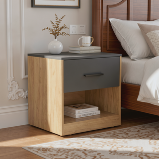 Sunvega Modern Natural Oak Nightstand with Drawer and Open Shelf for Bedroom
