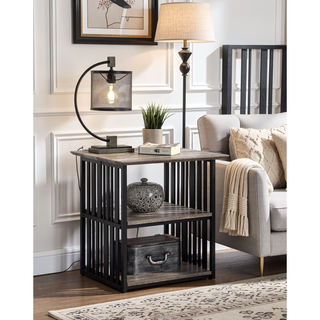 Sunvega Industrial Antique Oak & Black Finish Nightstand with 2 Open Compartments
