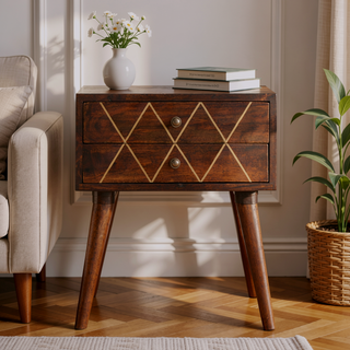 Sunvega Gold and Brown Geo Brass Inlay Bedside Table with Nordic Legs and 2 Drawers