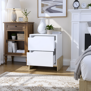 Sunvega Brookland Nightstand with Double Drawers and Sturdy Base in White Macadamia