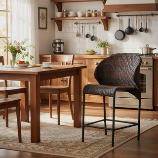 Sunvega Multibrown Wicker Counter Stools with Curved Back and Iron Frame for Patio