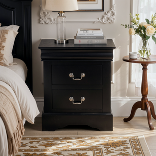 Sunvega Black Finish Traditional Bedroom Nightstand with Two Drawers and Metal Handles