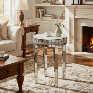 Sunvega Diamond-Cut Round Mirror Breakfast Table with Tempered Glass Top for Small Spaces