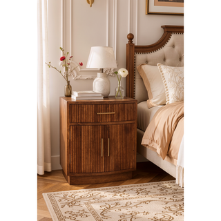 Sunvega Solid Wood Curved Ribbed Bedside Table with Drawer in Amber Oak Finish