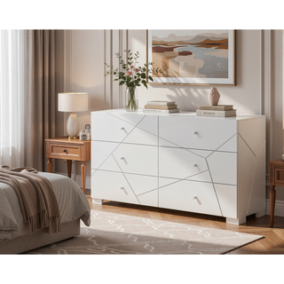 Sunvega Contemporary Nightstand with Geometric Accents and High-Gloss White Finish