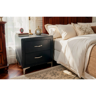 Sunvega Glam Style Black Finish Two Drawers Nailhead Tufted Nightstand with Tempered Glass