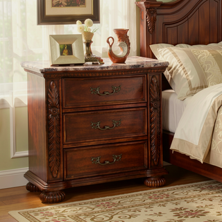 Sunvega Traditional Hand Carved Cherry Nightstand with 3 Drawers and Faux Marble Top
