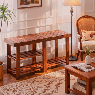 Sunvega Rustic Acacia Wood 3-Tier Slatted Shoe Rack Bench with Storage Shelves