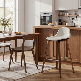 Sunvega Mid-Century Modern Cream Faux Leather Bar Stool with Brown Veneer Frame Set of 2